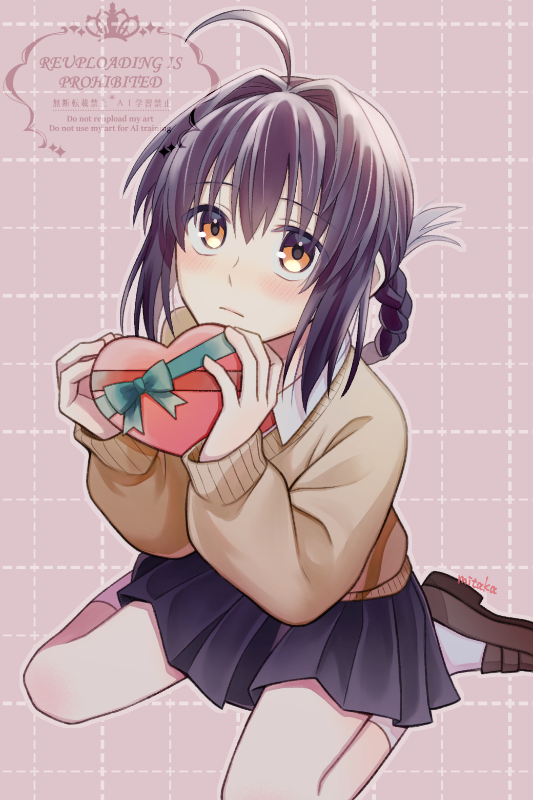 1other, ahoge, black_hair, box, braid, braided_ponytail, brown_shoes, fate/grand_order