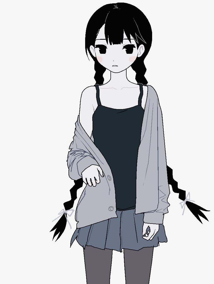 1girl, black_hair, black_pantyhose, black_tank_top, blue_skirt, braid, cowboy_shot, grey_jacket