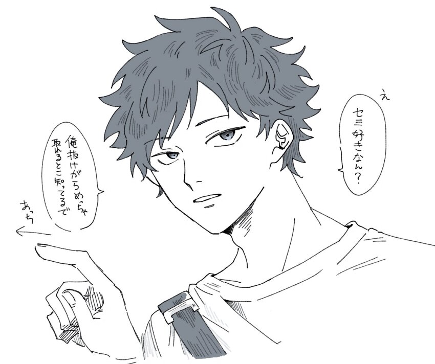 1boy, commentary_request, futsuu_no_keion-bu, hand_up, highres, index_finger_raised, kohaya58938, looking_at_viewer