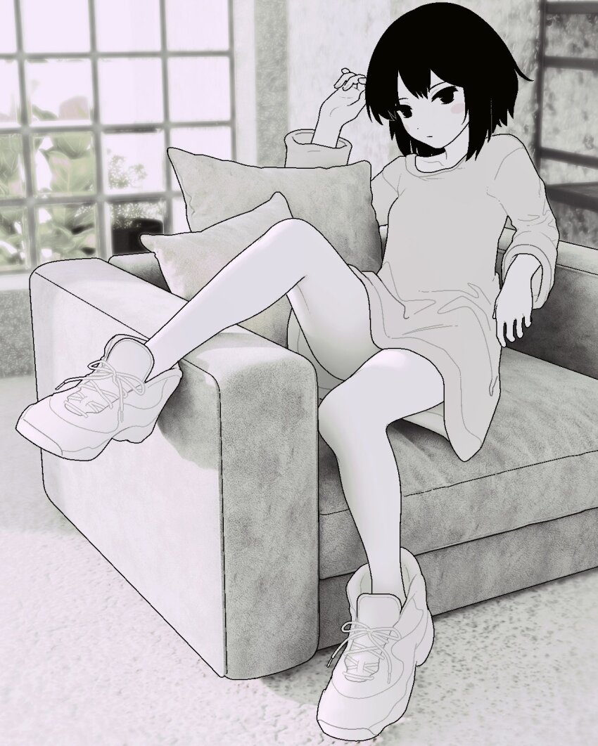 1girl, bare_legs, black_hair, closed_mouth, couch, expressionless, full_body, highres, indoors, long_sleeves, looking_at_viewer, mitsuamischeme, monochrome, no_pants, on_couch, original, pillow, plant, potted_plant, shirt, shoes, short_hair, sneakers, solo, straight_hair, white_shirt, white_shoes, window