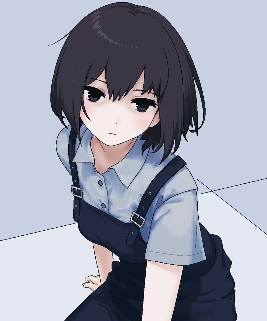 1girl, annoyed, black_hair, blue_overalls, blue_shirt, closed_mouth, dress_shirt, hair_between_eyes