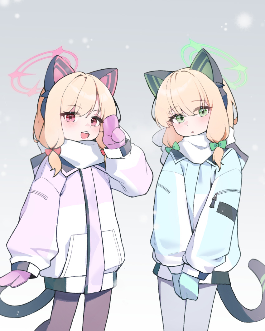 2girls, absurdres, animal_ears, arm_at_side, black_tail, blonde_hair, blue_archive, blue_gloves