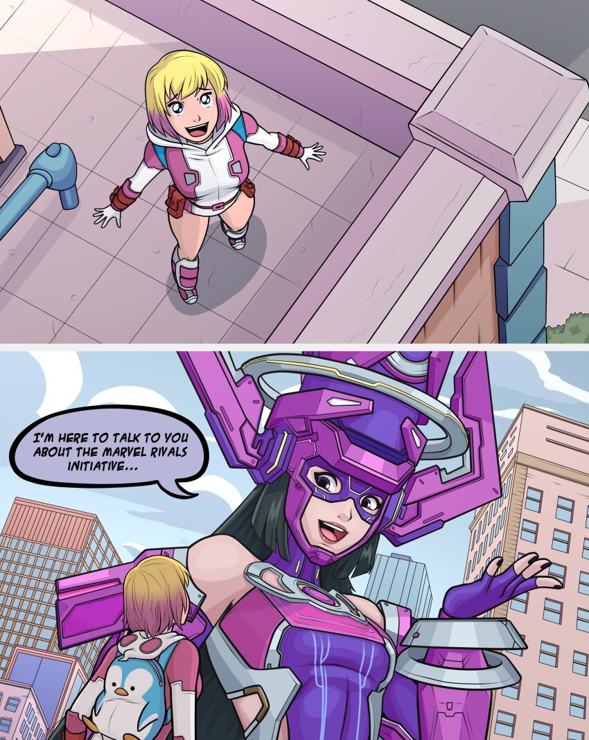 2girls, absurdres, animification, belt, blonde_hair, blue_eyes, bodysuit, breasts, fantastic_four, fortnite, galacta, giant, giantess, gradient_hair, gwenpool, highres, kim_kai, leotard, long_hair, marvel, marvel_rivals, multicolored_hair, multiple_girls, open_mouth, pink_hair, pink_leotard, pouch, short_hair, smile, two-tone_hair