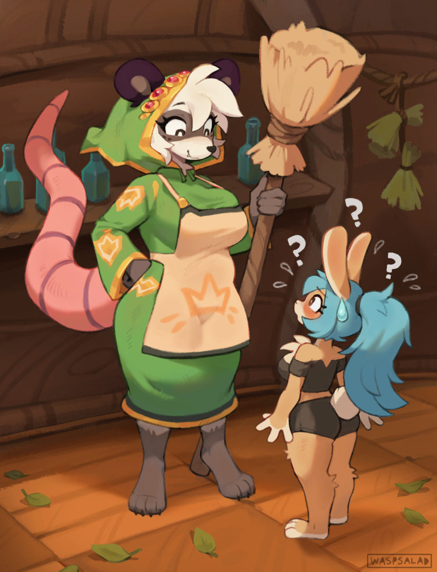 2girls, ?, animal_ears, apron, artist_name, atlyss, black_eyes, black_shorts