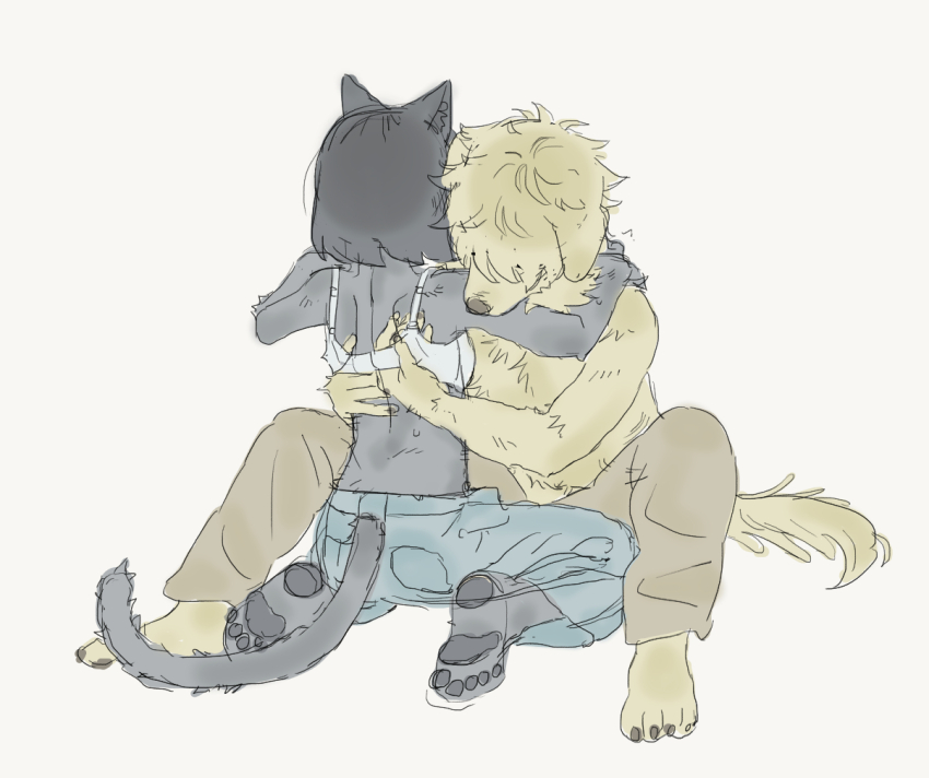 1boy, 1girl, animal_ears, arm_around_neck, bad_id, bad_twitter_id, bare_arms, bare_shoulders, barefoot, blue_pants, body_fur, bra, brown_pants, cat_ears, cat_girl, cat_tail, commentary_request, couple, denim, dog_boy, dog_ears, animal_nose, dog_snout, dog_tail, floppy_ears, foreplay, furrification, furry, furry_female, furry_male, furry_with_furry, glub000, grey_fur, grey_tail, hands_on_another's_back, head_on_another's_shoulder, hetero, iwakura_mitsumi, jeans, kneeling, knees_up, korean_commentary, pants, pawpads, removing_bra, shima_sousuke, short_hair, shoulder_blades, simple_background, sitting, skip_to_loafer, soles, spread_legs, tail, topless_male, underwear, undressing_another, white_bra, yellow_fur, yellow_tail