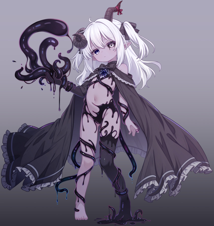 1girl, absurdres, arm_at_side, black_blood, black_bow, black_cape, black_sclera, blood