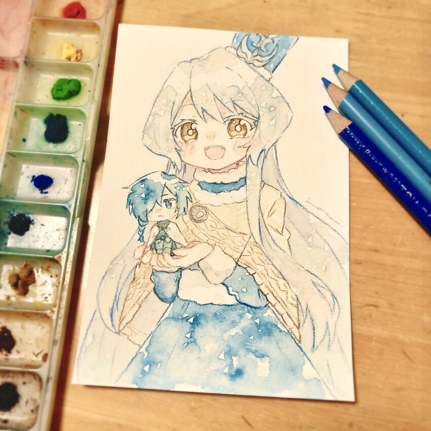 1boy, 1girl, absurdres, blue_dress, blue_hair, chibi, dress, fangs