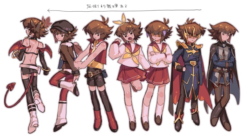 1boy, androgynous, bow, brown_eyes, brown_hair, cape, character_request, commentary_request, copyright_request, cosplay, crossdressing, crossdressing_(mtf), disgaea, etna_(disgaea), etna_(disgaea)_(cosplay), hair_bow, highres, hiiragi_kagami, hiiragi_kagami_(cosplay), hiiragi_tsukasa, hiiragi_tsukasa_(cosplay), long_sleeves, lucky_star, male_focus, multiple_views, saotome_rei, saotome_rei_(cosplay), school_uniform, short_hair, shorts, skirt, solo, standing, tawashipurin, translation_request, trap, yu-gi-oh!, yu-gi-oh!_gx, yuki_judai