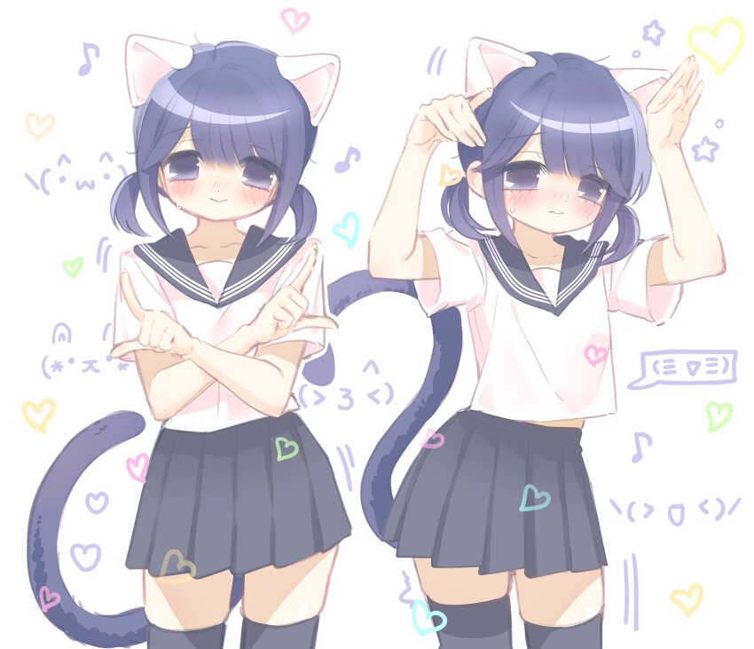 1girl, animal_ears, blue_eyes, blue_hair, blush, cat_ears, cat_girl, cat_tail