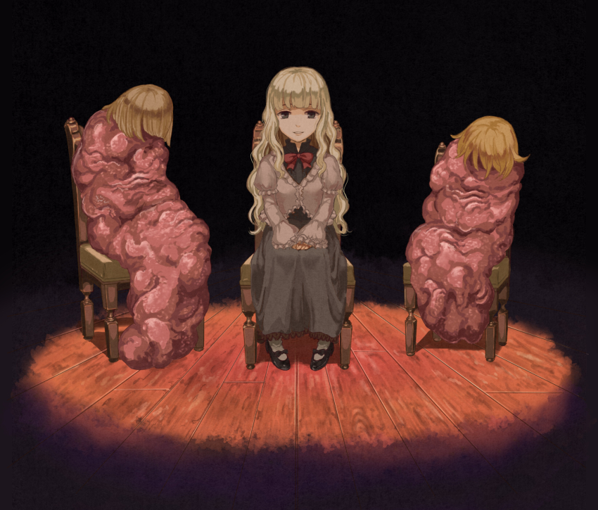 1girl, 2others, blonde_hair, body_horror, chair, commentary_request, dress, flesh