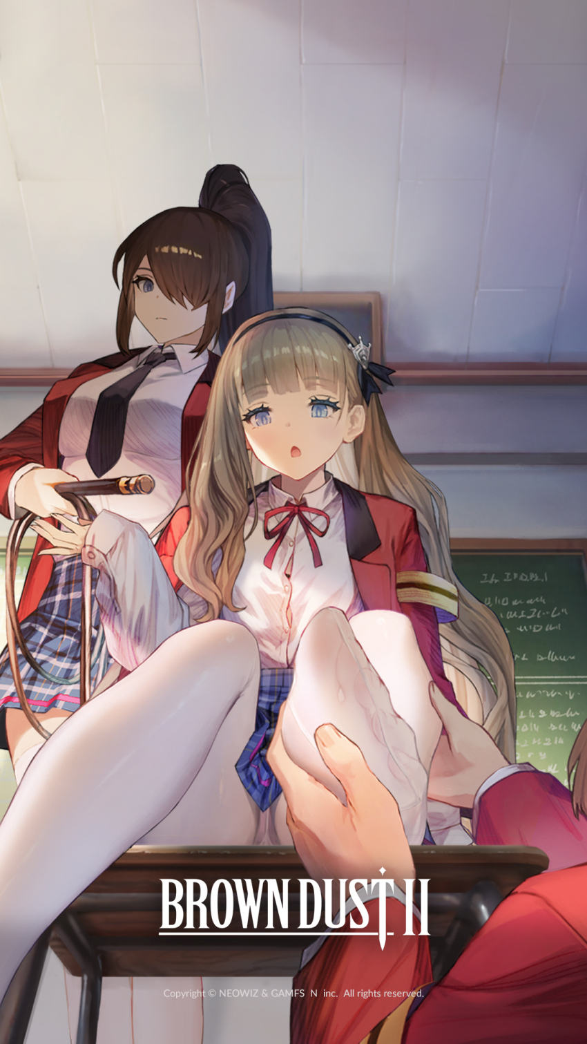 1boy, 2girls, black_hair, blue_eyes, brown_dust_(series), brown_dust_2, brown_hair, desk