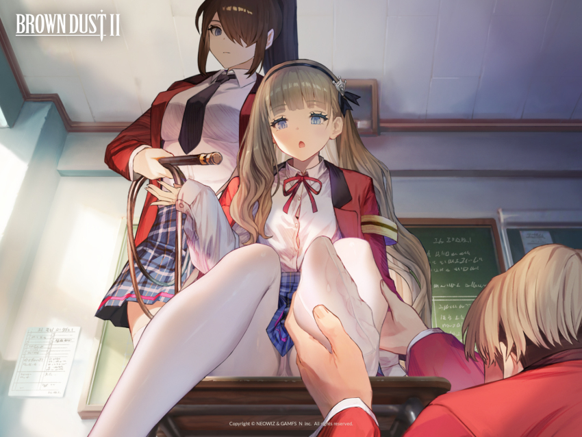 1boy, 2girls, black_hair, blue_eyes, brown_dust_(series), brown_dust_2, brown_hair, desk, feet, glacia_(brown_dust), hair_over_one_eye, highres, long_hair, looking_at_viewer, multiple_girls, official_art, official_wallpaper, open_mouth, panties, pantyhose, pantyshot, ponytail, school_desk, school_uniform, soles, toes, underwear, whip, white_pantyhose
