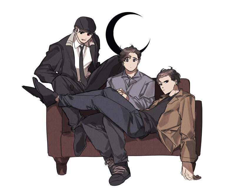 3boys, animification, black_eyes, black_gloves, black_hair, black_hat, black_jacket, black_necktie
