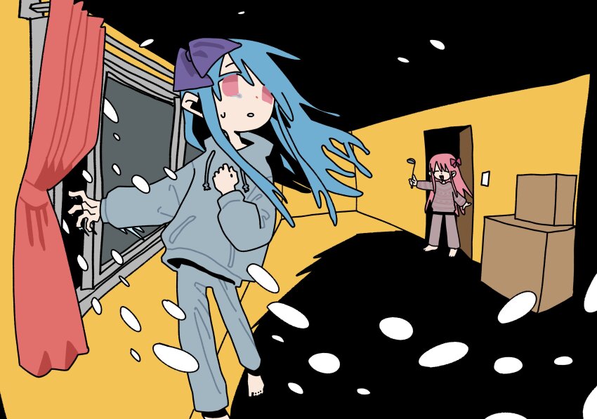 2girls, absurdres, alternate_costume, aruun, barefoot, blue_hair, bow, box