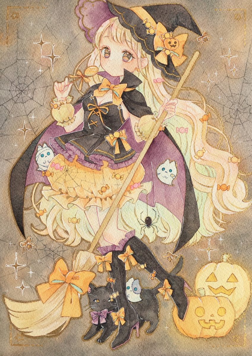 1girl, absurdres, amu_(m_aa), black_boots, black_cape, black_cat, black_hat, black_shirt