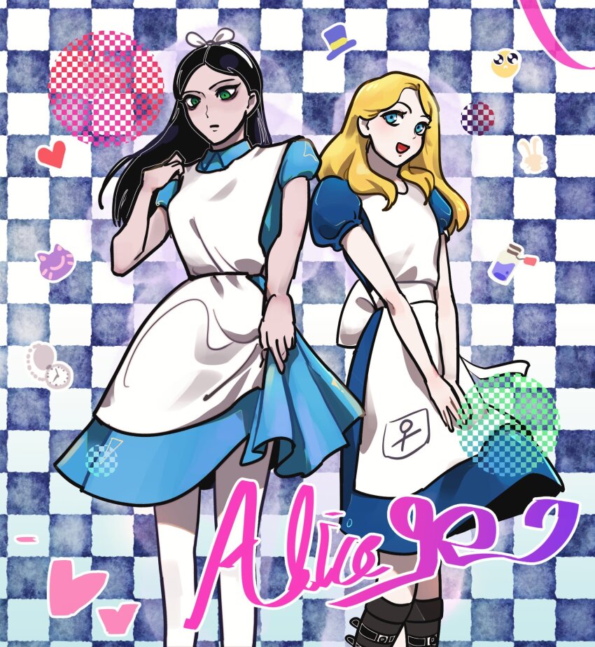 2girls, alice's_adventures_in_wonderland, alice_(alice_in_wonderland), alice_(alice_in_wonderland)_(cosplay), alice_liddell_(american_mcgee's_alice), alice_liddell_(american_mcgee's_alice)_(cosplay), american_mcgee's_alice, apron, black_hair, blonde_hair, blue_dress, blush, checkered_background, commentary, cosplay, costume_switch, crossover, dress, english_commentary, green_eyes, hairband, highres, holding_own_dress, multiple_girls, open_mouth, pankepen, puffy_short_sleeves, puffy_sleeves, short_sleeves, smile, white_apron, white_hairband
