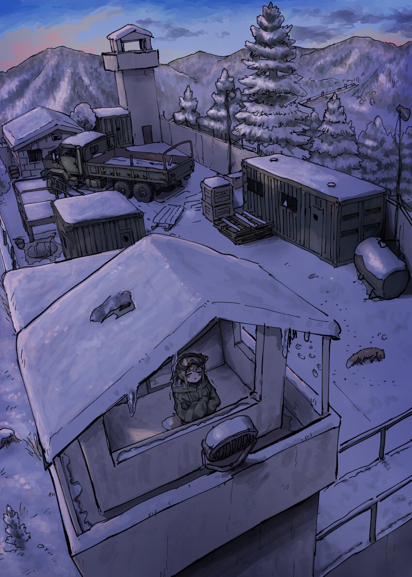 1girl, absurdres, animal_ears, blonde_hair, camouflage, camouflage_jacket, cold, crossed_arms, fox, fox_ears, fox_girl, fox_tail, from_above, frown, fuel_tank, gloves, goggles, highres, icicle, shade, jacket, military_base, military_truck, military_uniform, military_vehicle, motor_vehicle, mountain, original, outdoors, outpost, paint_palette, shed, ski_goggles, snow, tail, tree, trembling, truck, watchtower, winter, yihan_world