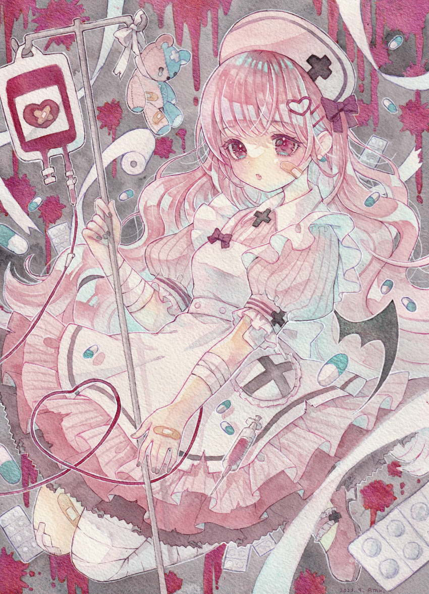 1girl, absurdres, amu_(m_aa), apron, bandaged_arm, bandaged_leg, bandages, bandaid