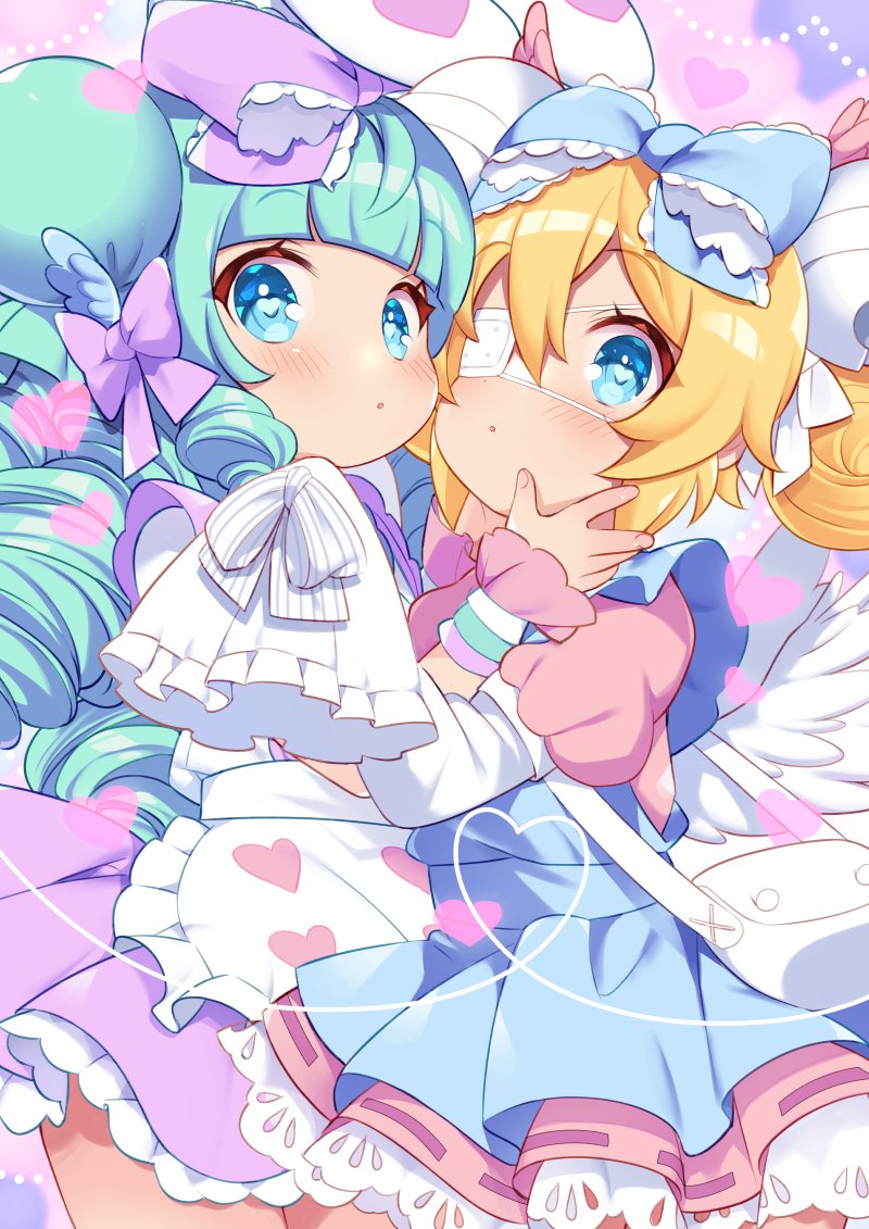 2girls, animal_ears, apron, aqua_hair, bag, blonde_hair, blue_apron, blue_bow, blue_eyes, blue_wings, blush, borrowed_character, bow, commentary_request, commission, cowboy_shot, cutesu_(character), double_bun, dress, drill_hair, feathered_wings, frilled_bow, frills, hair_between_eyes, hair_bow, hair_bun, hand_on_another's_cheek, hand_on_another's_face, head_wings, heart, heart-shaped_pupils, layered_sleeves, long_hair, long_sleeves, looking_at_viewer, miruku_(cutesu), msp_sammy, multiple_girls, original, parted_lips, petticoat, pink_bow, pink_dress, pink_wrist_cuffs, quad_drills, rabbit_ears, short_hair, short_over_long_sleeves, short_sleeves, shoulder_bag, sidelocks, single_side_bun, skeb_commission, sleeve_bow, sleeves_past_fingers, sleeves_past_wrists, symbol-shaped_pupils, waist_apron, white_apron, white_bag, white_bow, white_wings, wings, wrist_cuffs, yuri