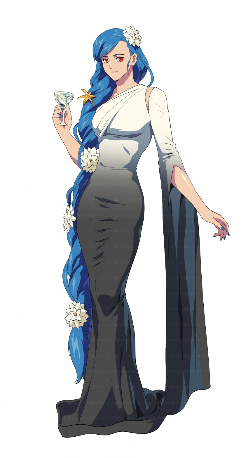 1girl, absurdres, ashensol, black_dress, blue_hair, blue_nails, braid, braided_ponytail