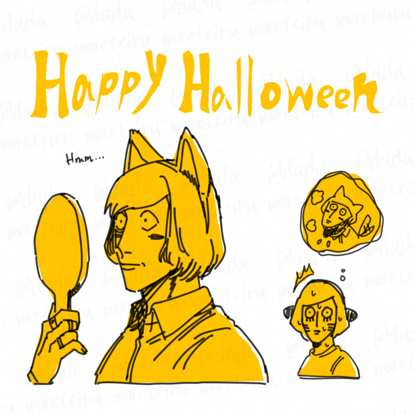 2boys, animal_ears, fake_animal_ears, halloween_costume, hand_mirror, happy_halloween, harunoseki0414, highres