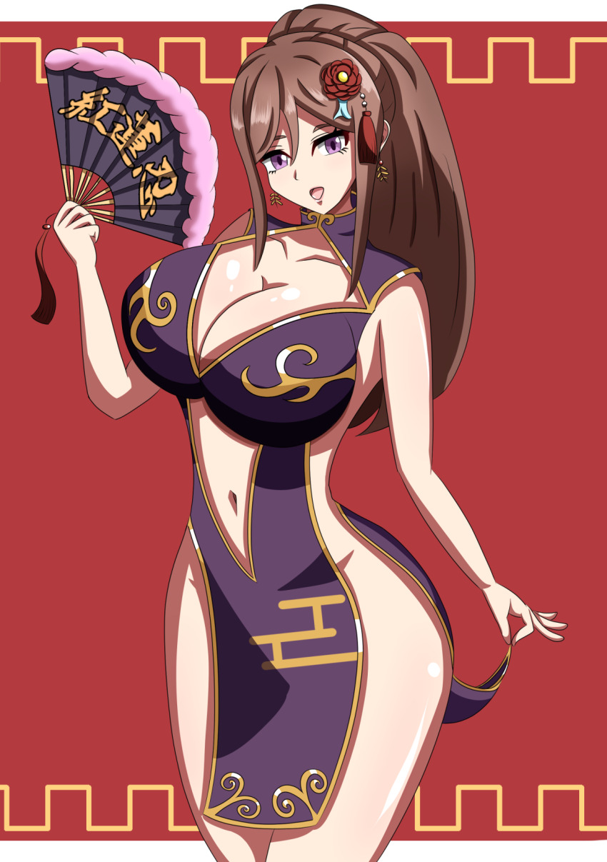 1girl, breasts, brown_hair, center_opening, claudia_(synduality), cleavage, collarbone, earrings