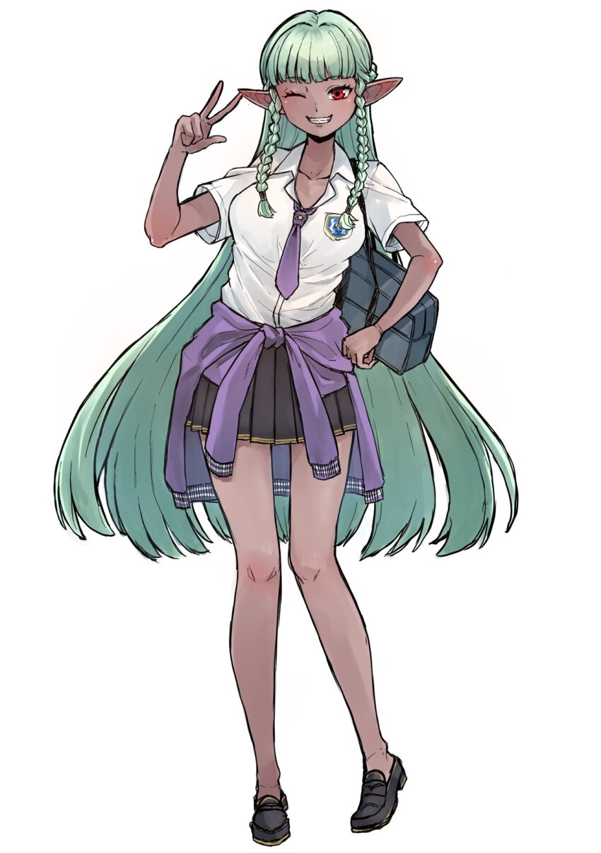 1girl, aqua_hair, bag, braid, breasts, clothes_around_waist, dark-skinned_female, dark_elf