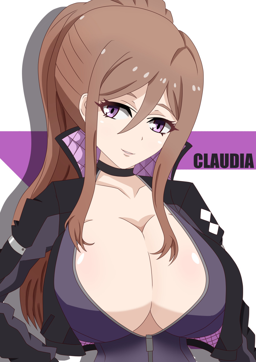 1girl, absurdres, breasts, brown_hair, choker, claudia_(synduality), cleavage, collarbone