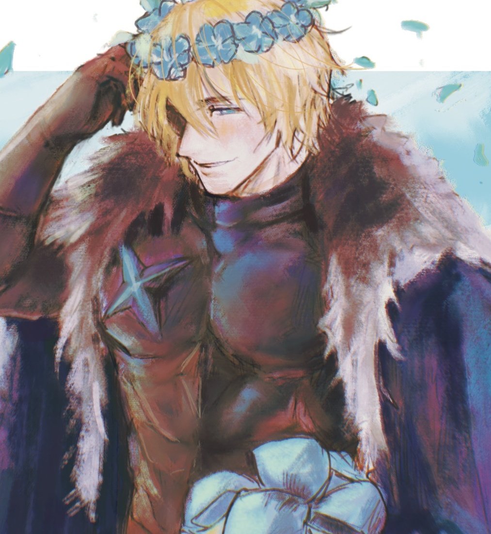 1boy, arm_up, armor, black_armor, black_fur, blonde_hair, blue_cape, blue_eyes, blue_flower, blush, breastplate, cape, commentary_request, dimitri_alexandre_blaiddyd, dimitri_alexandre_blaiddyd_(timeskip), fire_emblem, fire_emblem:_three_houses, flower, flower_wreath, fur_trim, hair_between_eyes, korean_commentary, lno408, looking_down, male_focus, nintendo, parted_lips, petals, smile, solo, upper_body, white_fur