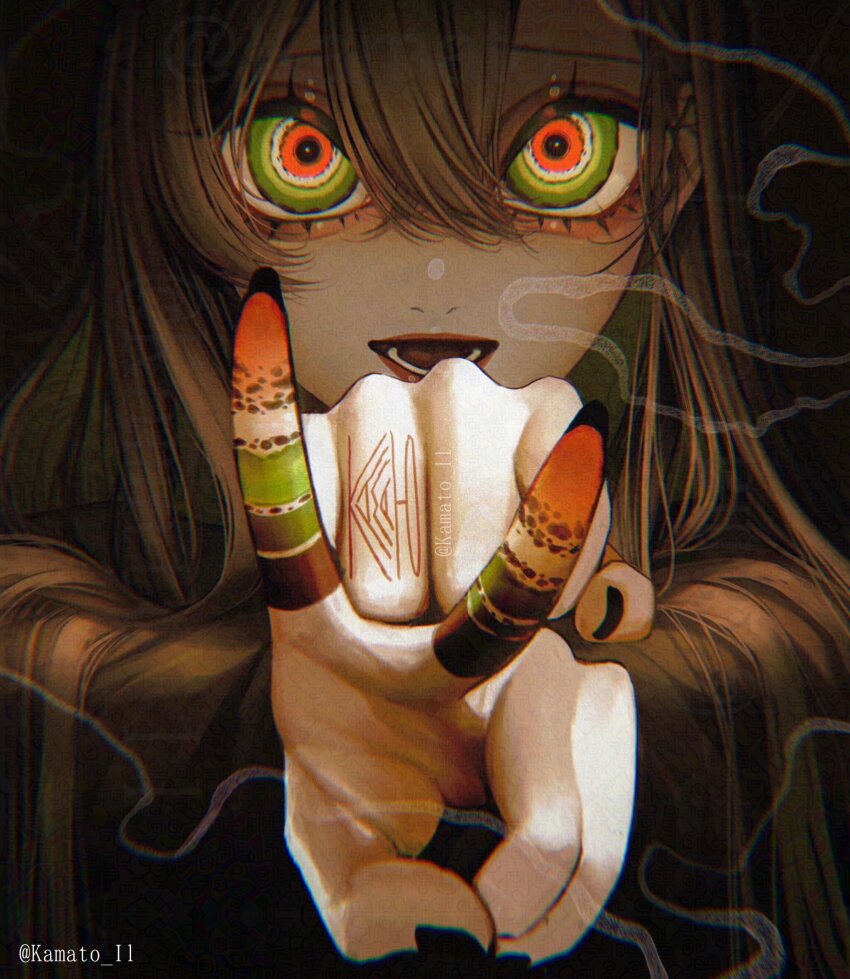 1girl, black_nails, chromatic_aberration, clenched_hand, commentary_request, dark, green_eyes, hair_between_eyes, hands_up, highres, kamato_il, leucochloridium_paradoxum, looking_at_viewer, multicolored_eyes, open_mouth, original, portrait, red_eyes, smile, snail_hands, solo, v, watermark