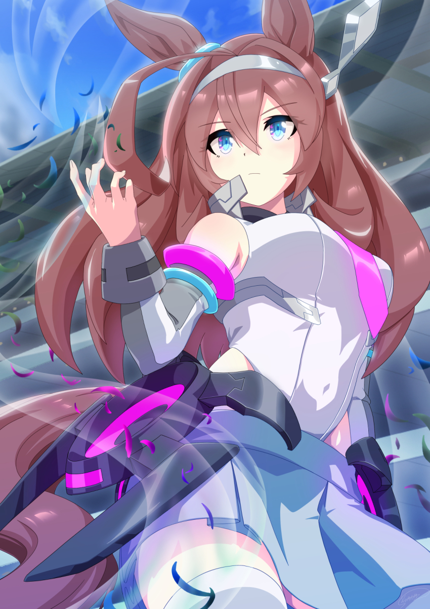 1girl, ahoge, animal_ears, armpits, blue_eyes, blue_sky, breasts, brown_hair