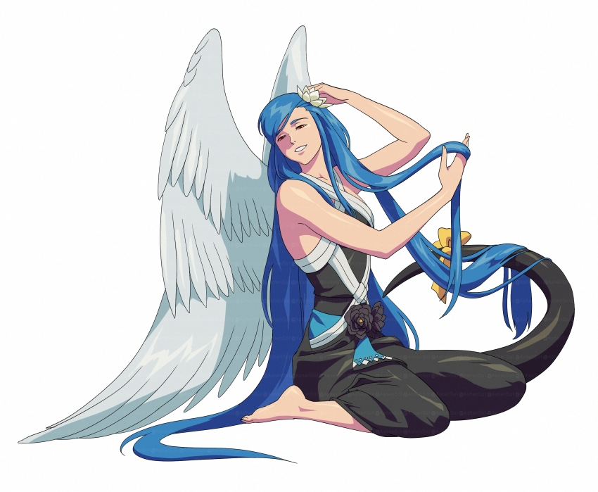 1girl, absurdres, angel_wings, ashensol, bare_shoulders, barefoot, black_dress, blue_hair