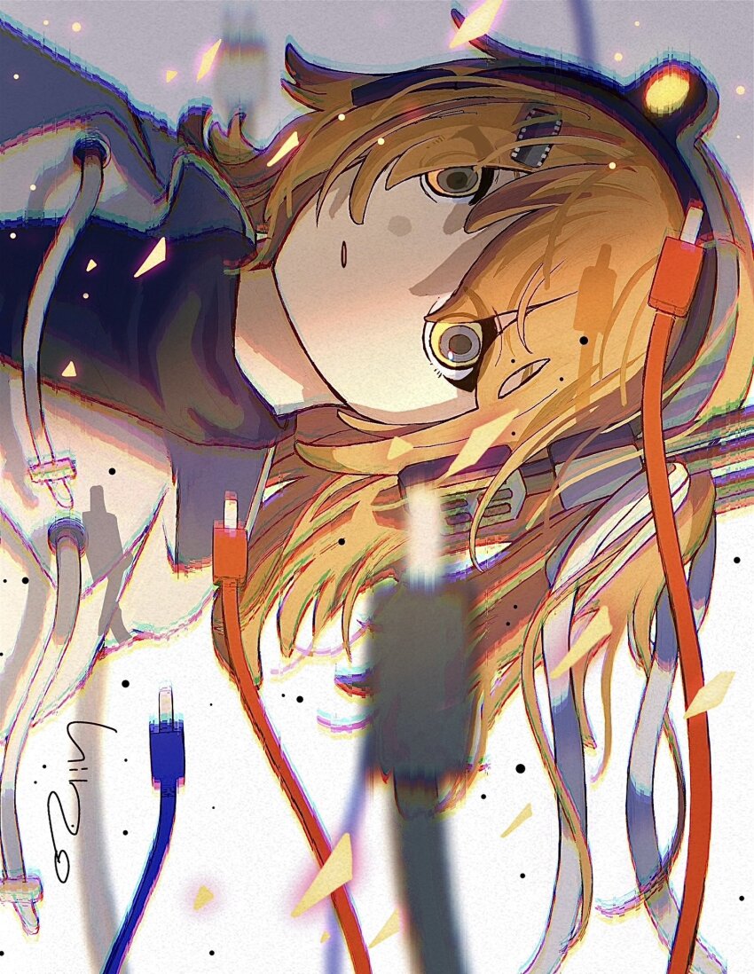 1girl, a.i._voice, adachi_rei, black_shirt, cable, closed_mouth, from_side, hair_ribbon