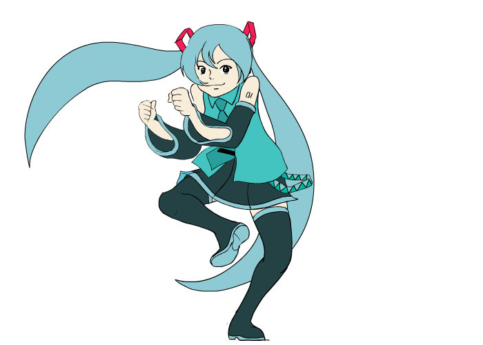 animated, animated_gif, blue_eyes, blue_hair, dancing, hatsune_miku, miniskirt, nippori, shirt, skirt, sleeveless, sleeveless_shirt, sleeves_past_fingers, sleeves_past_wrists, thighhighs, twintails, vocaloid
