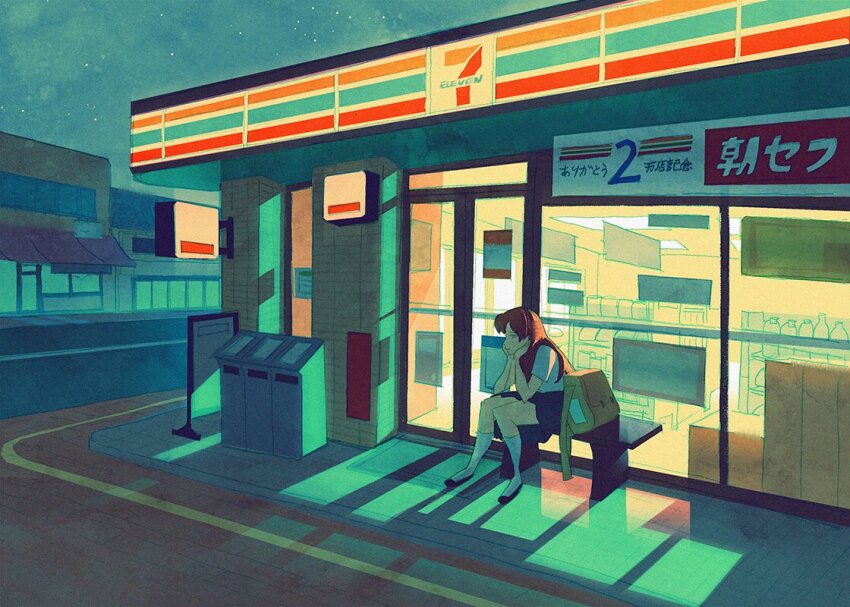 1girl, 7-eleven, automatic_door, backpack, bag, bench, black_footwear, black_skirt