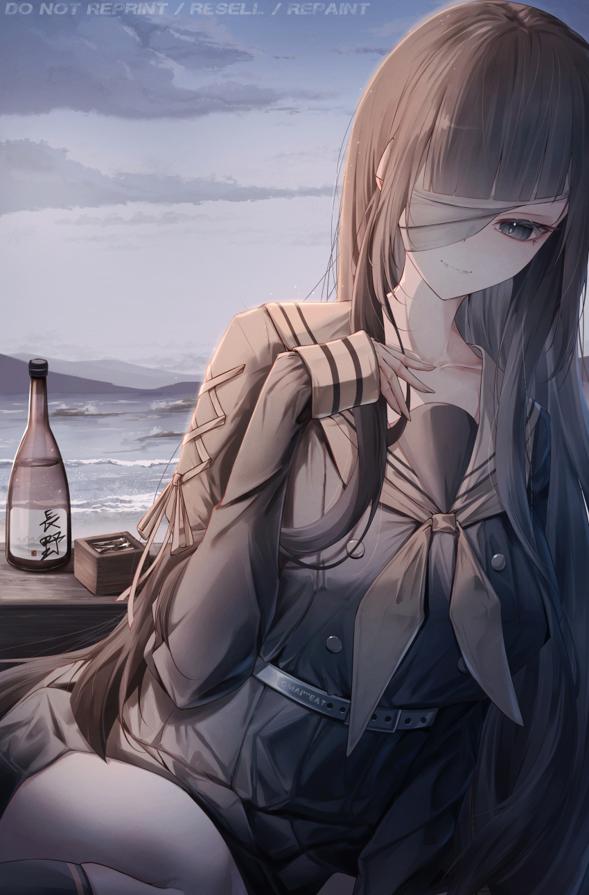 1girl, absurdres, bandage_over_one_eye, black_hair, black_serafuku, black_shirt, breasts, diagonal_bangs