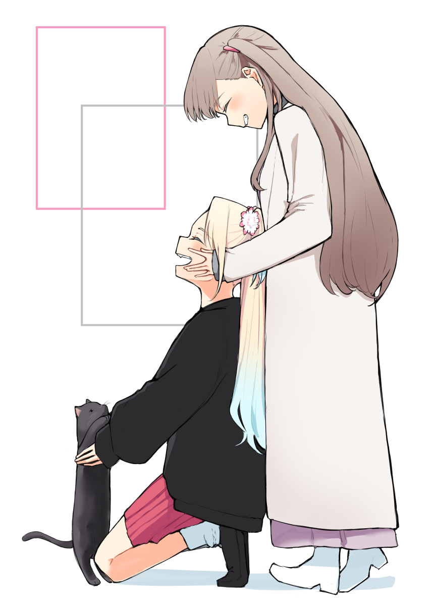 2girls, absurdres, animal, black_cat, black_jacket, black_shoes, blonde_hair, blue_hair