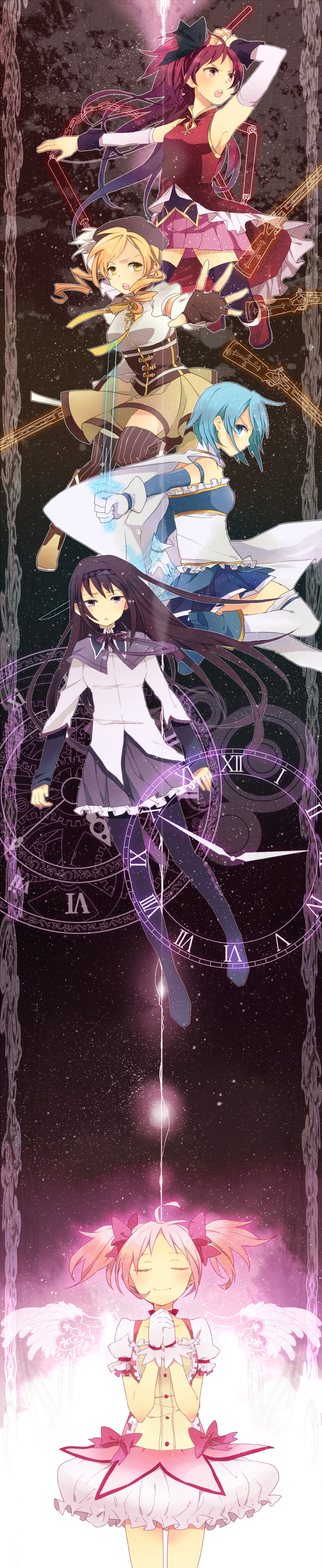 10s, 5girls, absurdres, akemi_homura, akemi_homura_(magical_girl), beret, black_hair, blonde_hair