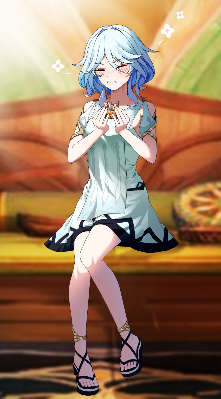1girl, :i, absurdres, armpit_cutout, bare_legs, bare_shoulders, blue_hair, blush, closed_eyes, clothing_cutout, cosplay, dress, faruzan_(genshin_impact), faruzan_(genshin_impact)_(cosplay), food, furina_(genshin_impact), genshin_impact, hair_intakes, highres, holding, holding_food, sandals, short_dress, short_hair, short_sleeves, shoulder_cutout, sitting, solo, teabaek, white_dress