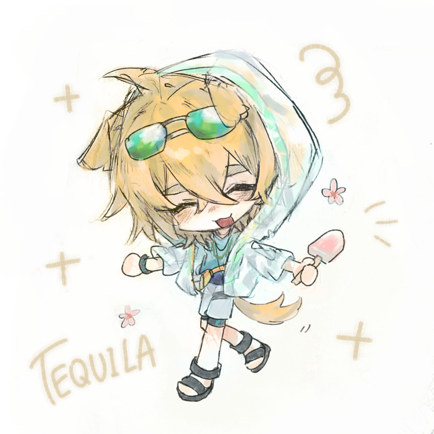1boy, :3, ahoge, animal_ears, anklet, arknights, black_sandals, blonde_hair, blue_vest, blush, bracelet, character_name, chibi, chibi_only, chinese_commentary, closed_eyes, commentary_request, dog_boy, dog_ears, dog_tail, eyewear_on_head, fanny_pack, flower, food, green-tinted_eyewear, grey_shorts, hair_between_eyes, hand_up, highres, holding, holding_food, holding_popsicle, hood, hood_up, hooded_jacket, infection_monitor_(arknights), jacket, jewelry, knot_(xunjie00879), male_focus, messy_hair, multiple_necklaces, necklace, open_clothes, open_jacket, open_mouth, pocket, popsicle, sandals, see-through_clothes, shorts, smile, solo, sparkle, sunglasses, tail, tequila_(arknights), thick_eyebrows, thigh_strap, tinted_eyewear, vest, white_background