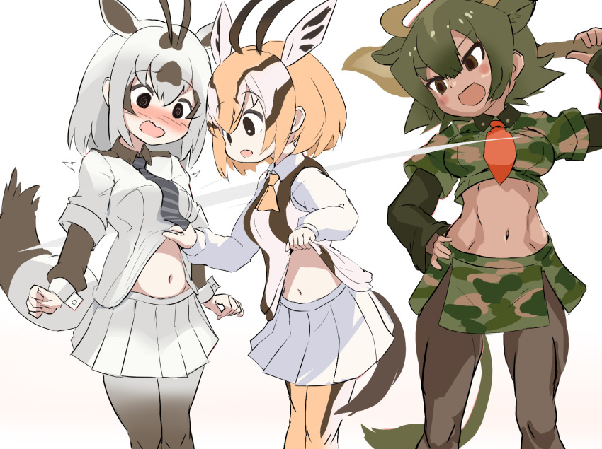 3girls, abs, animal_ears, arabian_oryx_(kemono_friends), aurochs_(kemono_friends), blush, brown_eyes, brown_hair