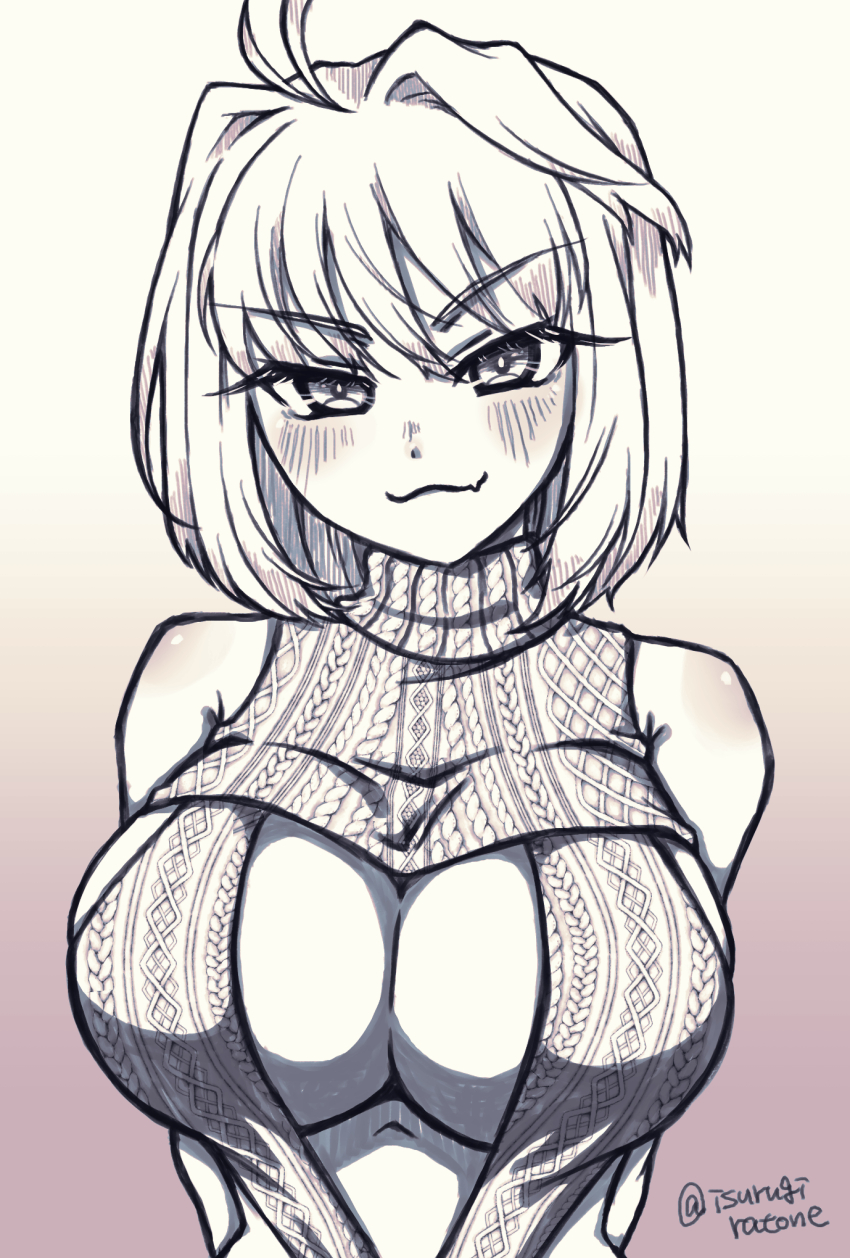1girl, arcueid_brunestud, bare_shoulders, blush, breasts, cleavage, cleavage_cutout, clothing_cutout, fang, greyscale, highres, isurugiratone, melty_blood, monochrome, seductive_gaze, seductive_smile, skin_fang, smile, tsukihime, upper_body, virgin_killer_sweater
