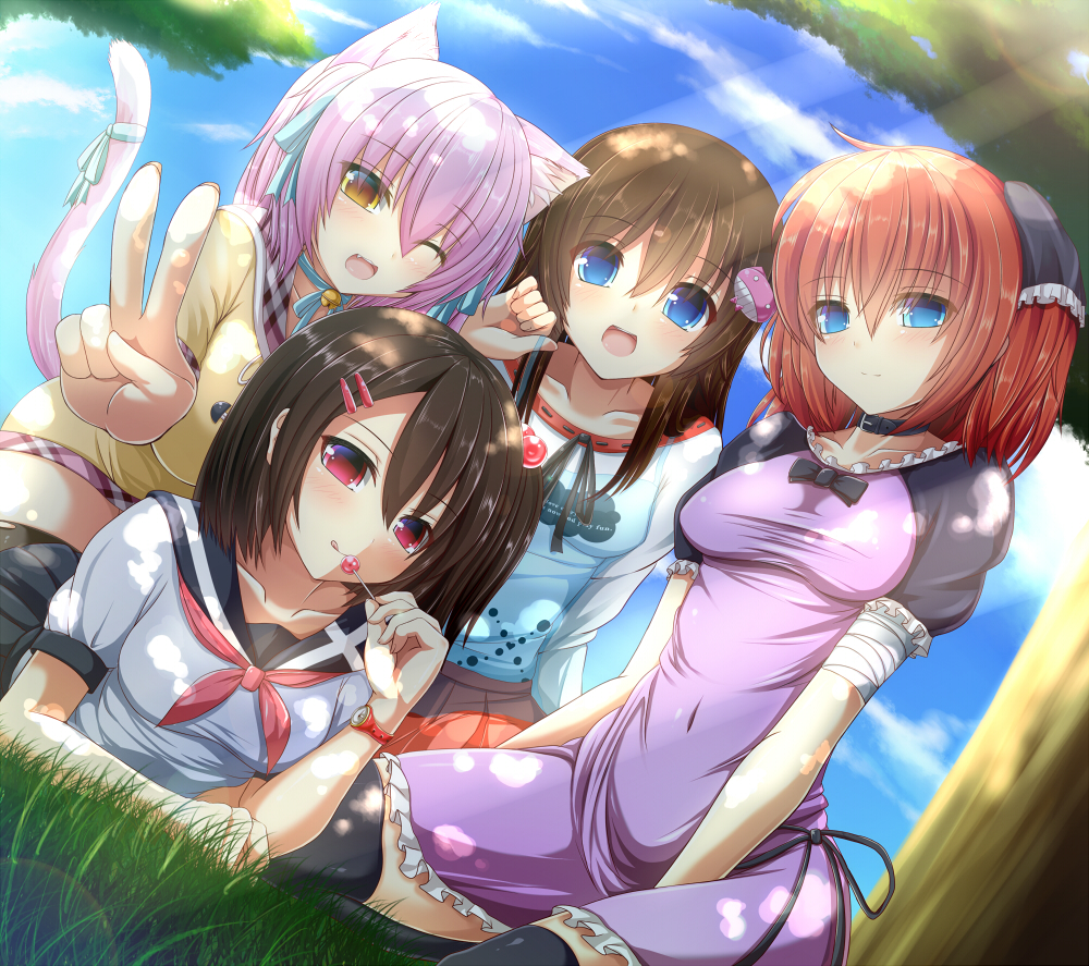 4girls, :q, ;d, animal_ears, asymmetrical_hair, black_hair, black_legwear, blue_eyes