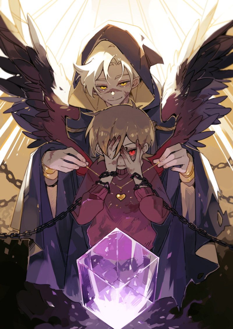 2boys, animification, bird_boy, bird_wings, cape, chain, cloak, commentary