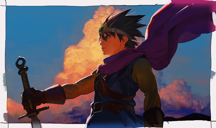 1boy, black_eyes, black_hair, blue_tunic, cape, circlet, dragon_quest, dragon_quest_iii, gloves, hdw91v, hero_(dq3), highres, holding, holding_sword, holding_weapon, purple_cape, roto_(dq3), short_hair, silver_circlet, solo, spiked_hair, sword, tunic, weapon