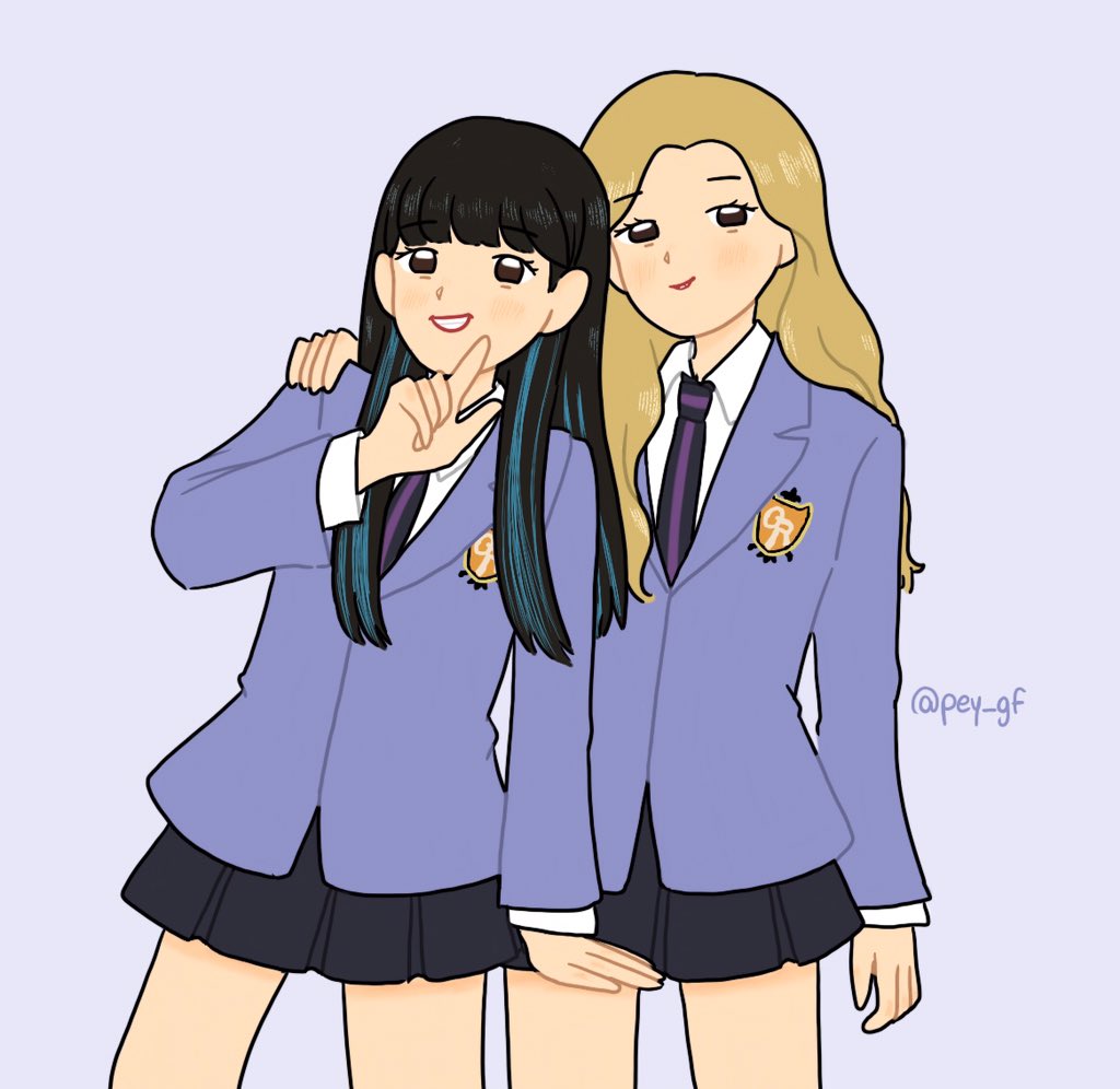 2girls, black_hair, black_skirt, blonde_hair, blue_jacket, blue_streaks, blunt_bangs, blush