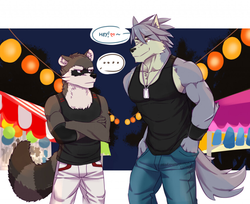 ..., 2boys, animal_ears, armband, artist_name, biceps, black_tank_top, blue_pants, brown_fur, closed_mouth, commentary, crossed_arms, dated, dog_boy, dog_ears, animal_nose, dog_tags, dog_tail, echo_(visual_novel), echo_project, english_commentary, english_text, festival, furry, furry_male, grey_fur, grey_hair, hands_in_pockets, heart, jewelry, kouya_aotsuki, kudzu_(echo), looking_at_another, male_focus, mindmechanica, morenatsu, multiple_boys, muscular, muscular_male, necklace, pants, raccoon_boy, raccoon_ears, raccoon_tail, smile, speech_bubble, spoken_ellipsis, tail, tank_top, white_pants, wristband
