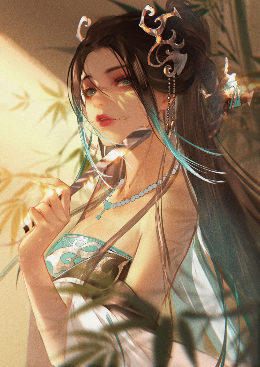 1girl, absurdres, bamboo, bare_shoulders, bead_necklace, beads, black_hair, braid