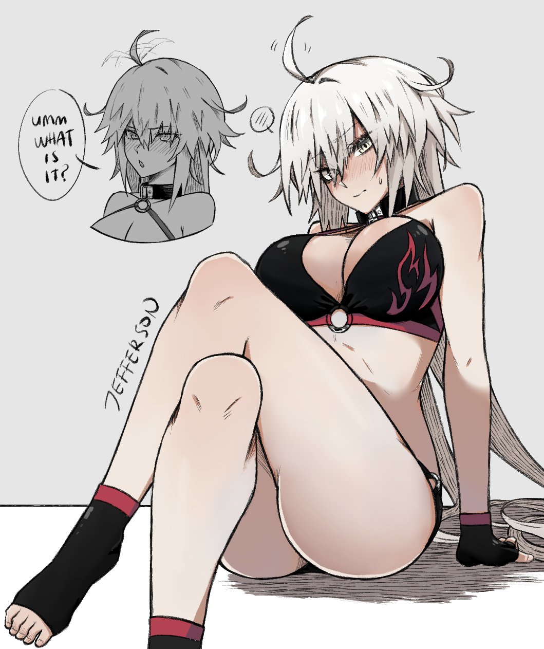 1girl, bikini, black_bikini, choker, english_text, fate/grand_order, fate_(series), highres, jeanne_d'arc_alter_(fate), jeanne_d'arc_alter_(swimsuit_berserker)_(fate), jeffraeson, o-ring, o-ring_bikini, o-ring_bottom, o-ring_top, official_alternate_costume, solo, speech_bubble, sweat, swimsuit, yellow_eyes