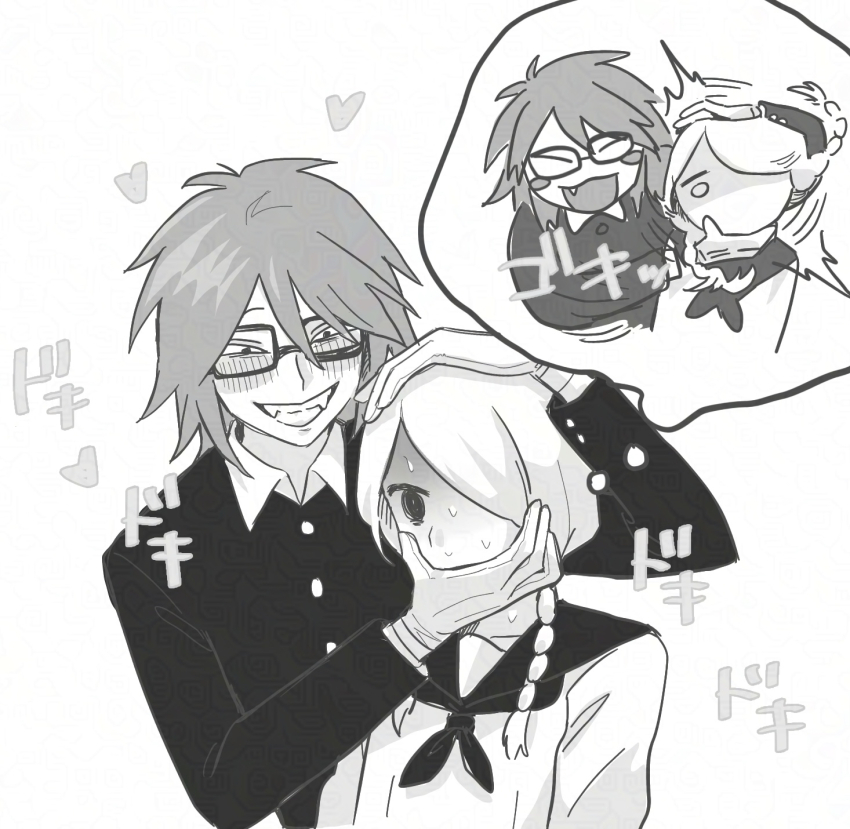 1boy, 1girl, blush, braid, commentary_request, covering_another's_mouth, fangs, gagged